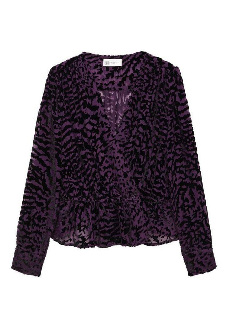 Blusa de manga larga morada y negra con un profundo escote en V y detalles de cintura fruncida, hecha de una tela texturizada.