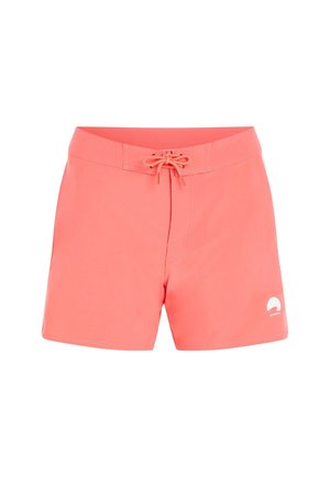 Coral pink swim shorts with a drawstring waistband, made of smooth fabric, featuring a small white logo on the lower left side.
