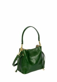 Sac à main en cuir vert avec un design souple, matériel doré, anses courbées et cordons latéraux pour une forme ajustable.