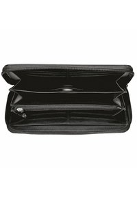 Cartera negra con cremallera hecha de cuero suave, con múltiples espacios para tarjetas, un compartimento amplio y un bolsillo con cremallera para monedas.