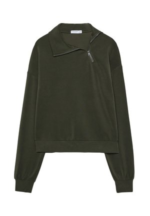 Olive green, cropped sweatshirt with a zippered mock collar, long sleeves, and ribbed cuffs. Smooth fabric with a minimalist design.
