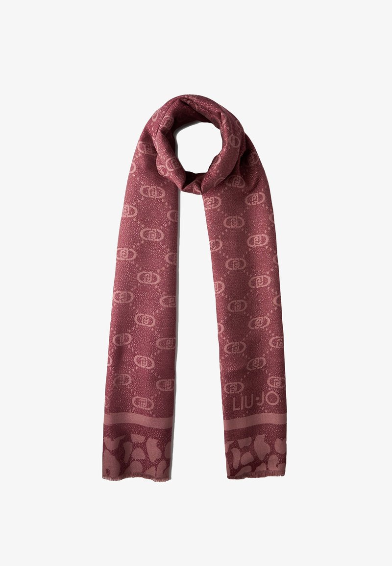 Écharpe bordeaux en tissu texturé, ornée d'un motif à logo répétitif et d'une bordure unie. Bords finis à la machine, douce et légère.
