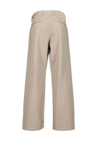 Beige wide-leg trousers made from a smooth fabric, featuring a waistband with belt loops, two back pockets, and a straight hem.