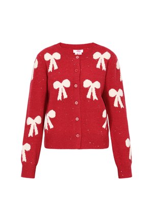 Cárdigan rojo de punto con patrones de lazos blancos, cierre de botones, manga larga y sutiles acentos brillantes en todo su diseño.