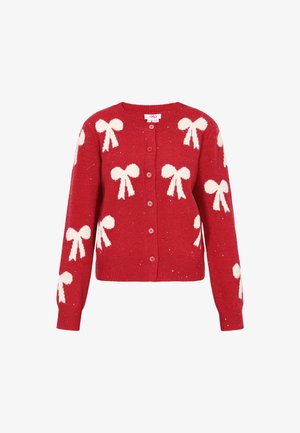 Cárdigan rojo de punto con patrones de lazos blancos, cierre de botones, manga larga y sutiles acentos brillantes en todo su diseño.