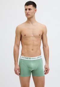 Grüne Baumwoll-Boxershorts mit elastischem weißen Bund, der das Branding "JACK & JONES" trägt. Glatte Textur und taillierte Passform.