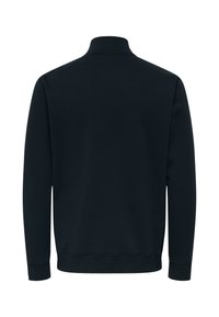 Donkerblauwe zip-neck sweatshirt met lange mouwen, een rechte snit, ribgebreide manchetten en een zoom, en een gladde, zachte stoftextuur.