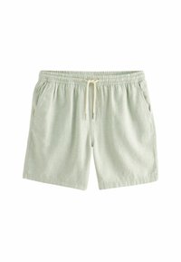 Shorts verts clair en tissu texturé, dotés d'une taille élastique avec cordon de serrage et de poches de chaque côté.