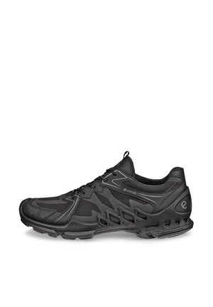 Chaussure de sport noire avec tissu imperméable Gore-Tex, panneaux en mesh et semelle coussinée, conçue pour les activités de plein air et la course.