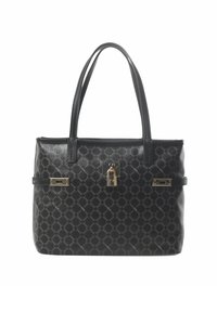 Borsa sintetica nera con motivo a diamante, dotata di due manici, hardware dorato e un dettaglio centrale con lucchetto.