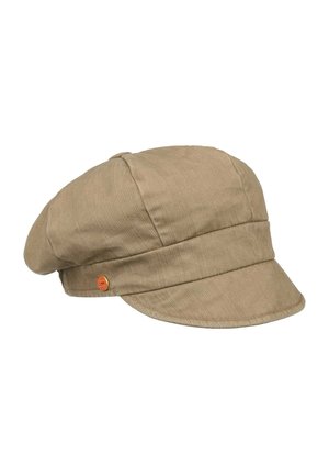 Light brown fabric newsboy cap with a short brim and a small round decorative metal button on the side.