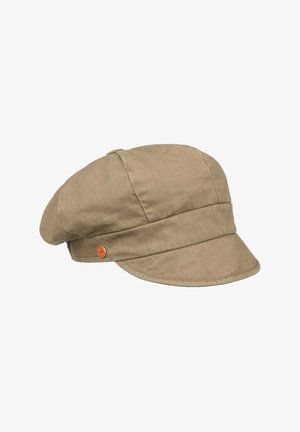 Light brown fabric newsboy cap with a short brim and a small round decorative metal button on the side.