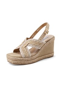 Sandalo a zeppa con tomaia in tessuto beige, dettagli intrecciati e cinturino con fibbia. Piattaforma testurizzata, punta arrotondata e suola beige.