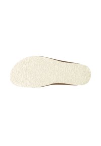 Braune Schuhsohle mit einem strukturierten, hellbeige Muster, das Blättern ähnelt, mit einer abgerundeten Form und glatten Kanten.