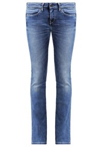 Jean en denim bleu coupe droite avec légère décoloration sur les cuisses et les genoux, comprenant des poches avant, des passants de ceinture et une fermeture par bouton.