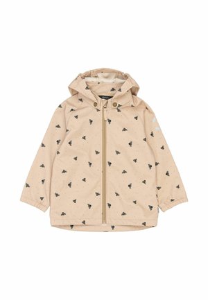 Bežová bunda s kapucňou, zdobená čiernymi vzormi včiel a malými bodkami. Predný zips a elastické manžety. Ľahký, vodoodolný materiál.