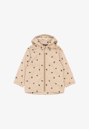 Bežová bunda s kapucňou, zdobená čiernymi vzormi včiel a malými bodkami. Predný zips a elastické manžety. Ľahký, vodoodolný materiál.
