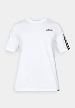 Weiße Baumwoll-T-Shirts mit kurzen Ärmeln. Verfügt über ein schwarzes adidas-Logo auf der Brust und drei schwarze Streifen entlang der Ärmel. Klassisches Rundhals-Design.
