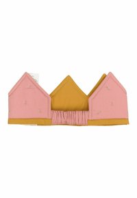 Bra with triangular pink cups and a mustard band. Features golden accents on pink fabric, soft texture, and gathered back for stretch.