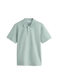 Polo vert clair à manches courtes avec col et patte à deux boutons, présenté sur fond blanc.