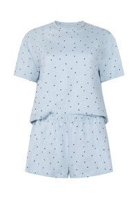 Lichtblauw katoenen pyjama-set met een top met korte mouwen en een korte broek, beide versierd met kleine zwarte stippen en een elastische tailleband.