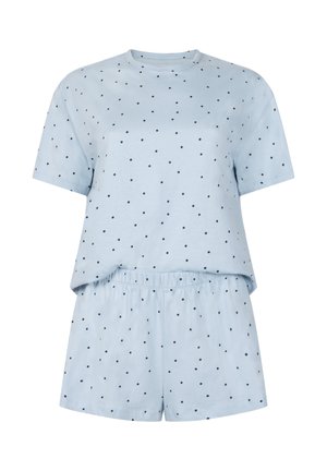 Light blue cotton pajama set featuring a short-sleeved top and shorts, both adorned with small black polka dots and an elastic waistband.