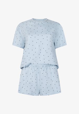 Light blue cotton pajama set featuring a short-sleeved top and shorts, both adorned with small black polka dots and an elastic waistband.