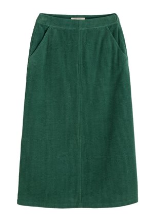 Green corduroy midi skirt featuring a straight shape, textured fabric, and two side pockets. Simple, unadorned design.