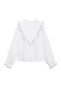 White blouse with a ruffled neckline and cuffs, featuring mint green trim. Long sleeves and a loose fit. Lightweight, textured fabric.