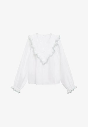 Bluză albă cu un decolteu și manșete cu volane, cu detalii mint green. Mâneci lungi și croială lejeră. Material ușor, texturat.
