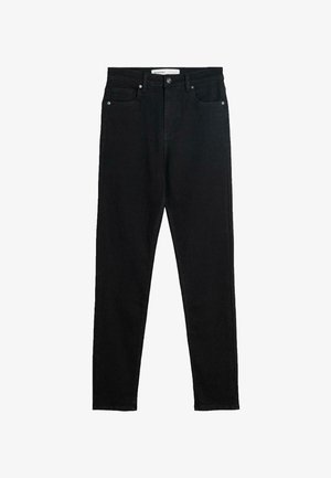 Fekete színű, slim fit fazonú farmernadrág, szabványos gombos záródással, övbujtókkal és öt zsebbel. Sima textúrájú, klasszikus dizájn.