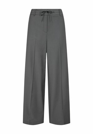 Wide-leg trousers in dark gray fabric. Features a drawstring waist, pleats at the front, and a smooth texture. Tailored design for a loose fit.