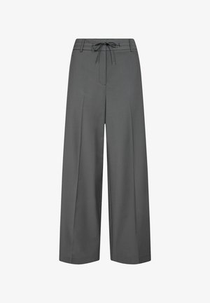 Pantalones de pierna ancha en tejido gris oscuro. Presenta una cintura con cordón, pliegues en la parte delantera y una textura suave. Diseño ajustado para un ajuste holgado.