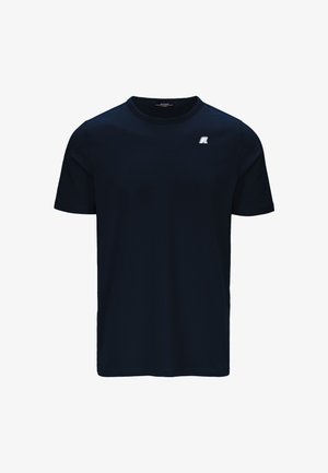 T-shirt blu navy a maniche corte realizzato in tessuto morbido; presenta un collo rotondo e un piccolo logo bianco sul lato sinistro del petto.