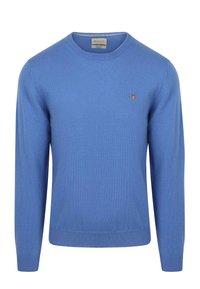Blauer Langarm-Pullover mit Rundhalsausschnitt und gerippten Bündchen und Saum, mit kleinem eingesticktem Logo auf der linken Brust.