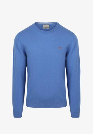 Blauwe lange mouwen crewneck trui met geribde manchetten en zoom, met een klein geborduurd logo op de linkerborst.