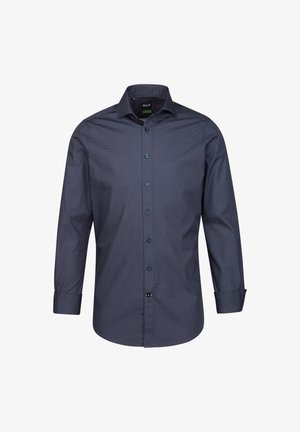 Camicia button-up blu scuro con un piccolo motivo geometrico, colletto a punta, maniche lunghe e bottoni a contrasto. Finitura in tessuto liscia.