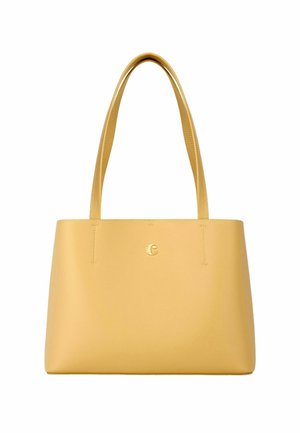 Žltá kožená taška na plece s dlhými rúčkami a malým zlatým logom "C" umiestneným v strede blízko horného predného okraja.