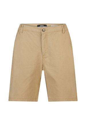 Beige knielange korte broek met knoopsluiting, riemlussen, voorzakken en zichtbare stiksels op een witte achtergrond.