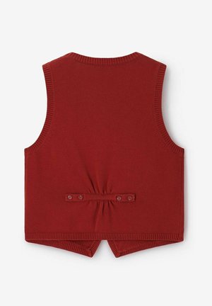 Gilet tricoté sans manches rouge foncé avec bords côtelés et bande de boutons réglable en bas du dos.