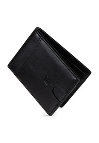 Black leather wallet with a smooth texture, bi-fold design, side card slot, and embossed logo. The wallet is open, showcasing interior slots.