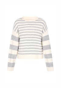 Gestreifter Pullover mit Rundhalsausschnitt, der abwechselnd graue und weiße horizontale Streifen, ein Strickmuster sowie gerippte Säume und Bündchen aufweist.