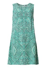 Robe sans manches de couleur sarcelle avec des motifs floraux et des motifs paisley complexes, décolleté rond et un petit détail en trou de serrure à l'arrière.