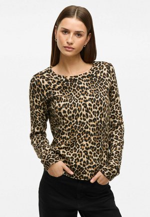 Leopard print long-sleeve top in soft fabric, featuring a round neckline and relaxed fit. Dark pattern on a light background.