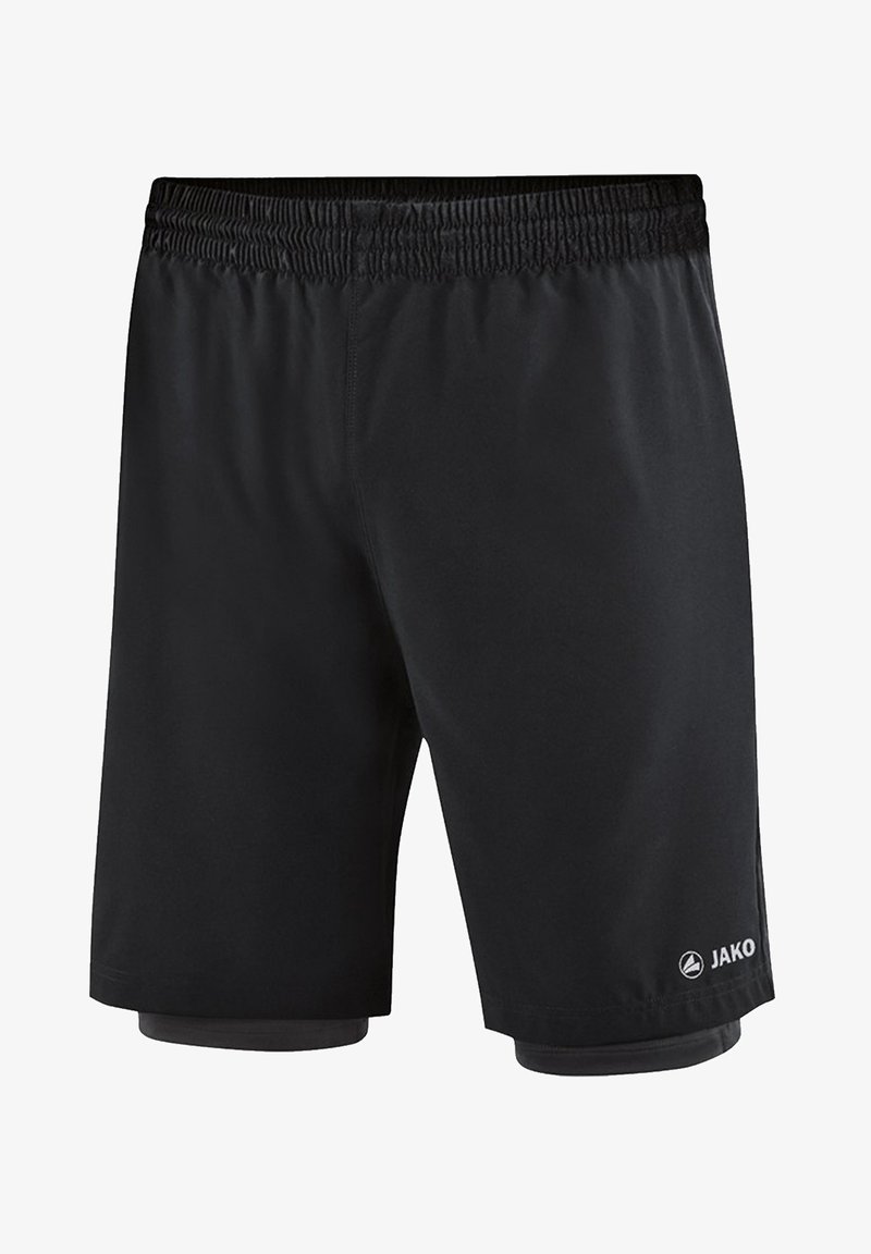 Schwarze Sportshorts mit innerer Kompressionsschicht, elastischem Bund und JAKO-Logo am unteren rechten Bein.