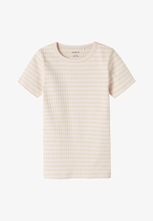 T-shirt giallo chiaro a maniche corte con texture a coste e motivo a quadretti bianchi. Presenta un collo rotondo e una vestibilità casual.