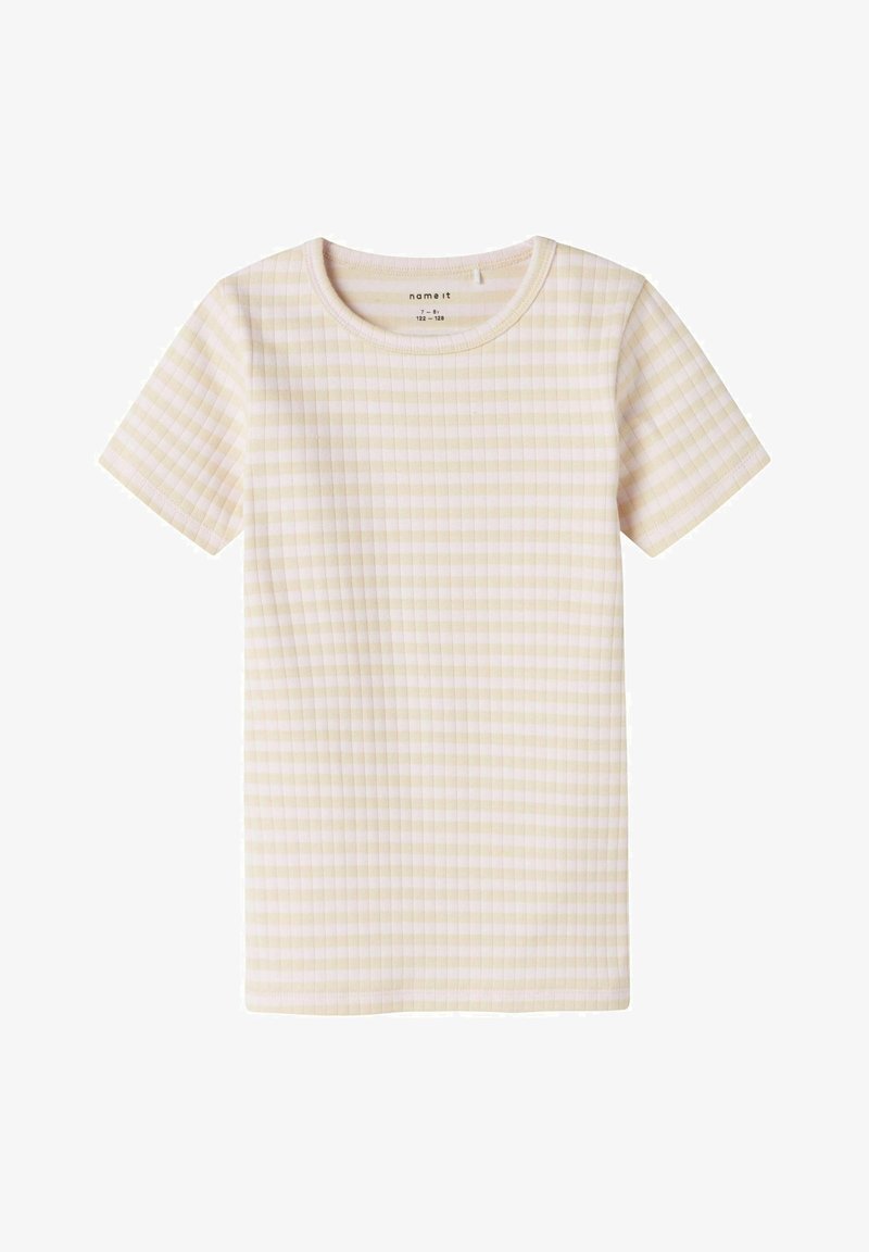 Šviesiai geltona trumpomis rankovėmis marškinėliai su grioveliais ir balta langeline raštu. Turi apvalią iškirptę ir laisvą siluetą.