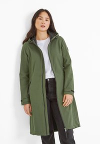 Long green coat with a zip front, hood, and side pockets. Made from smooth fabric, featuring contrasting inner lining and black accents.