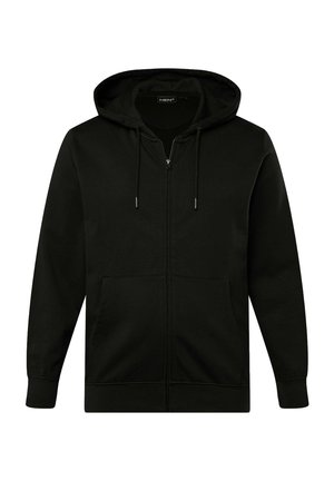 Czarna rozpinana bluza z kapturem, wykonana z miękkiego materiału. Posiada sznurki w kapturze, dwie przednie kieszenie oraz ściągacze przy mankietach i u dołu, zapewniające dopasowane okrycie.