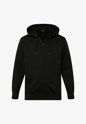 Czarna rozpinana bluza z kapturem, wykonana z miękkiego materiału. Posiada sznurki w kapturze, dwie przednie kieszenie oraz ściągacze przy mankietach i u dołu, zapewniające dopasowane okrycie.